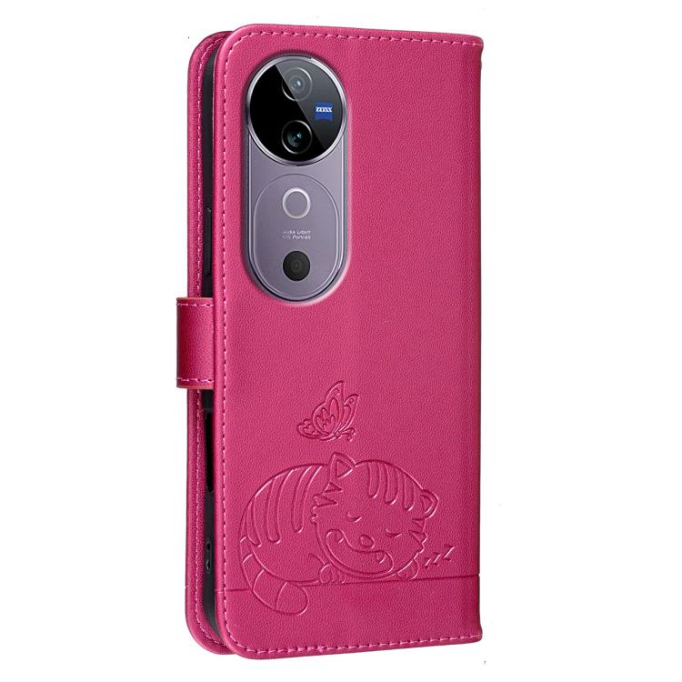 For vivo V40 Cat Butterfly Embossed RFID Vegan Leather Phone Case with Strap
