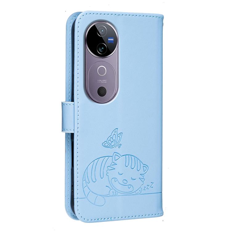 For vivo V40 Cat Butterfly Embossed RFID Vegan Leather Phone Case with Strap