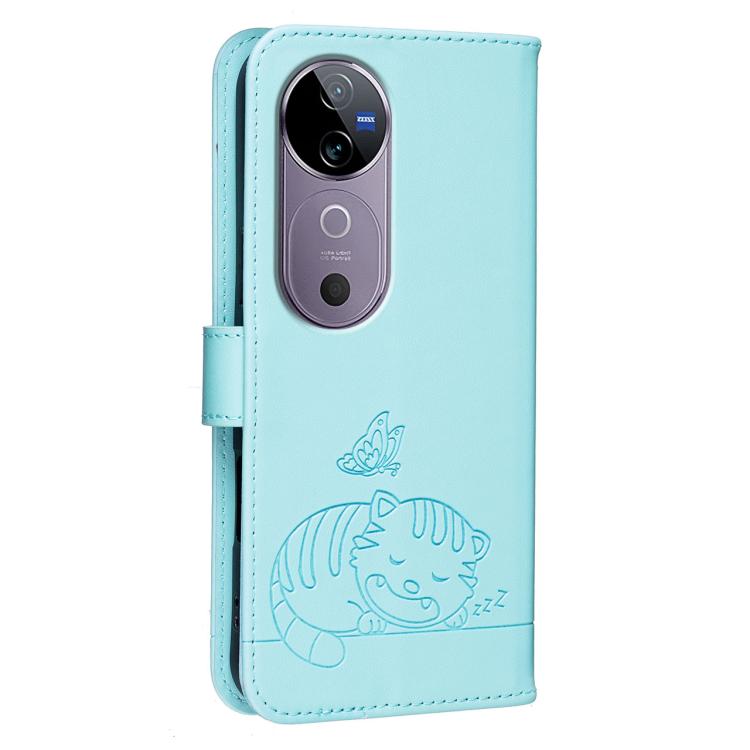 For vivo V40 Cat Butterfly Embossed RFID Vegan Leather Phone Case with Strap