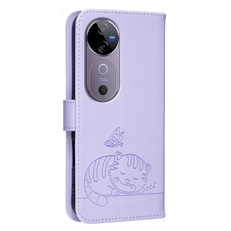 For vivo V40 Cat Butterfly Embossed RFID Vegan Leather Phone Case with Strap
