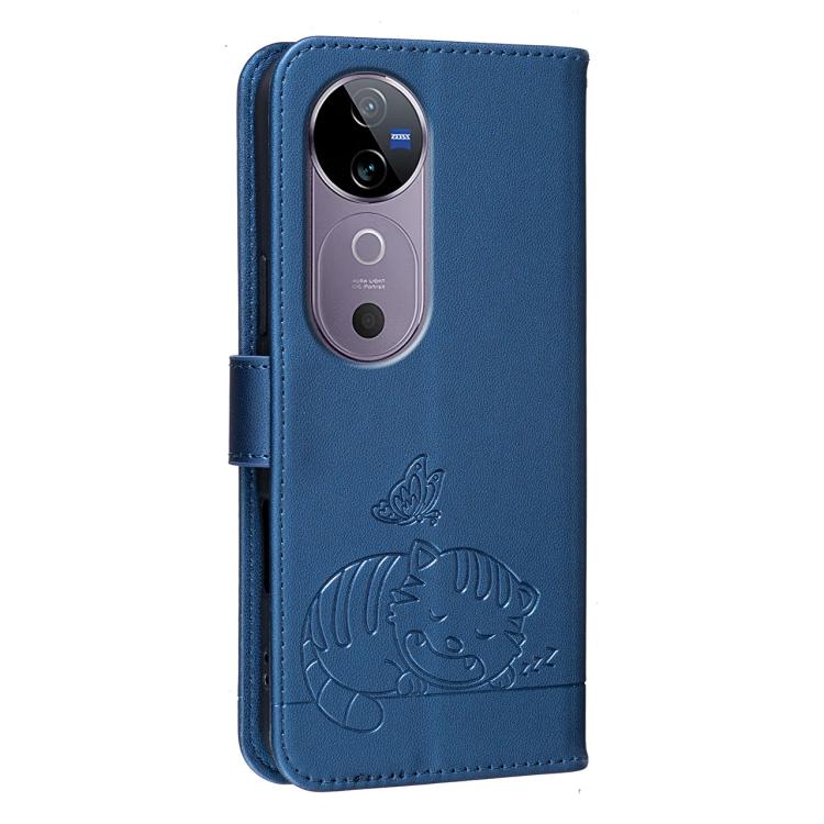 For vivo V40 Cat Butterfly Embossed RFID Vegan Leather Phone Case with Strap