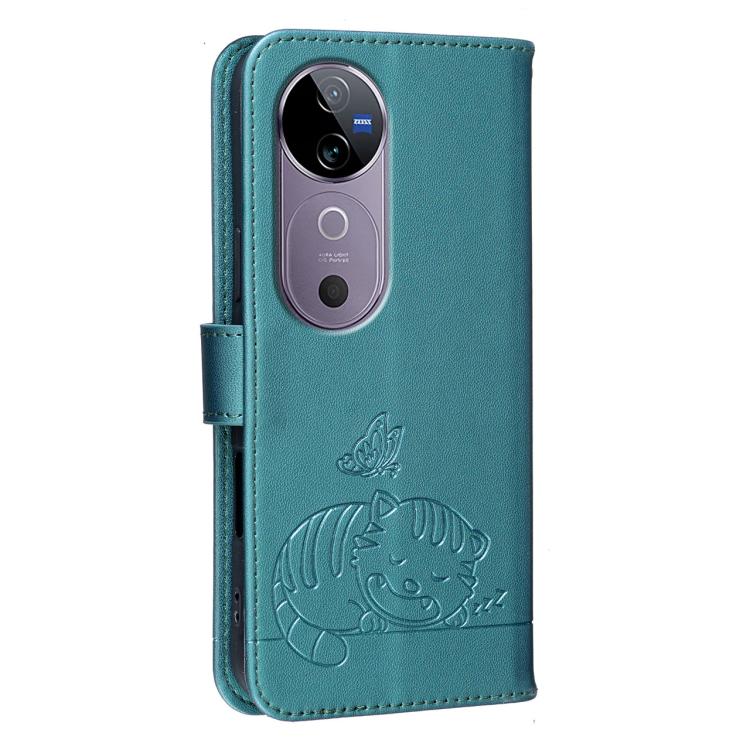 For vivo V40 Cat Butterfly Embossed RFID Vegan Leather Phone Case with Strap