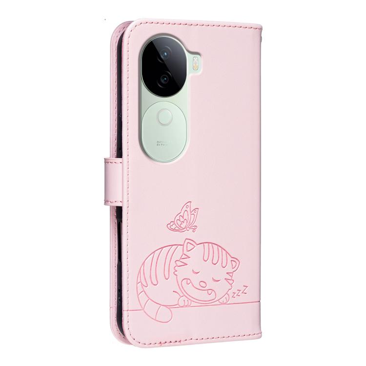 For vivo V40e Cat Butterfly Embossed RFID Vegan Leather Phone Case with Strap