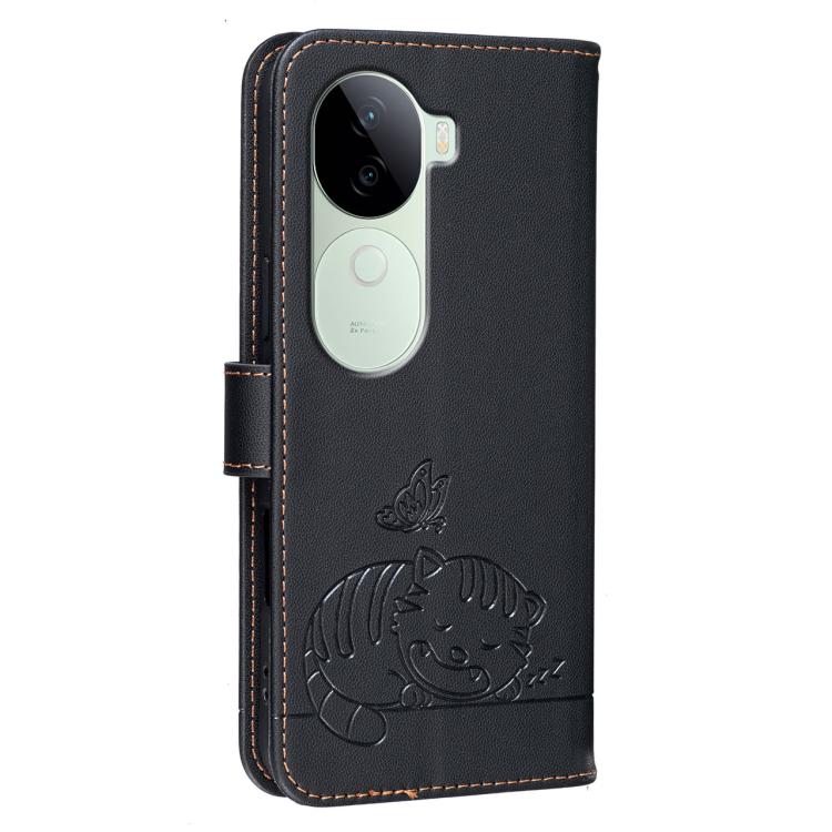 For vivo V40e Cat Butterfly Embossed RFID Vegan Leather Phone Case with Strap