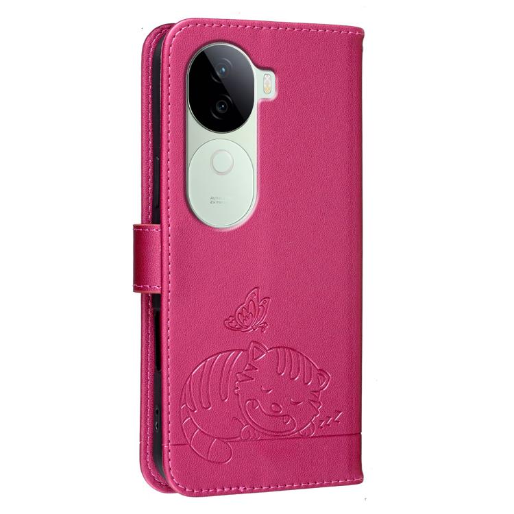 For vivo V40e Cat Butterfly Embossed RFID Vegan Leather Phone Case with Strap