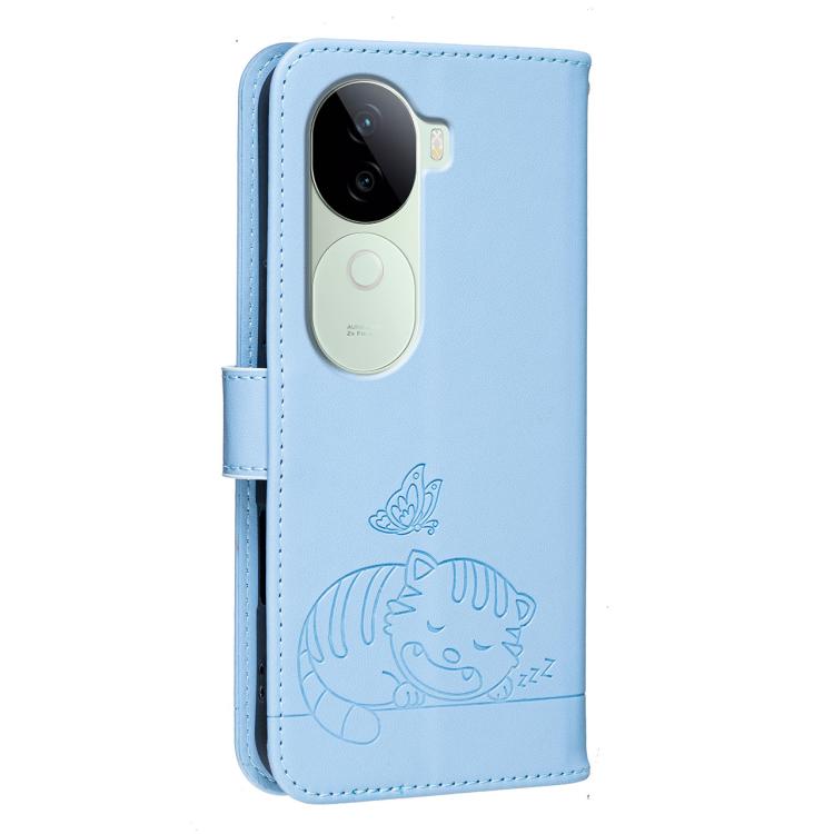 For vivo V40e Cat Butterfly Embossed RFID Vegan Leather Phone Case with Strap
