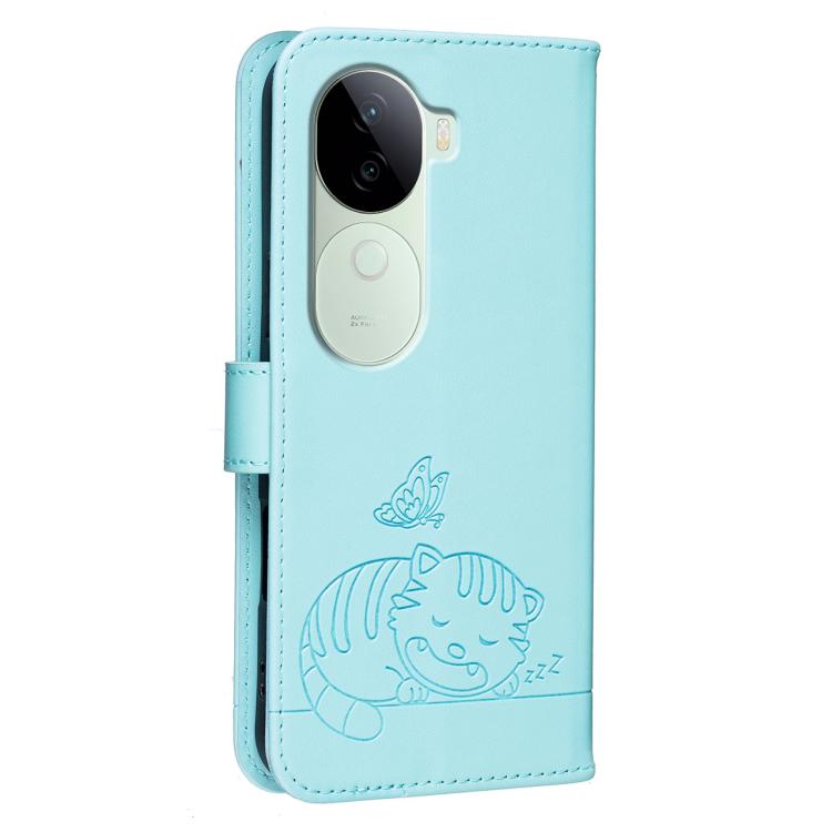 For vivo V40e Cat Butterfly Embossed RFID Vegan Leather Phone Case with Strap