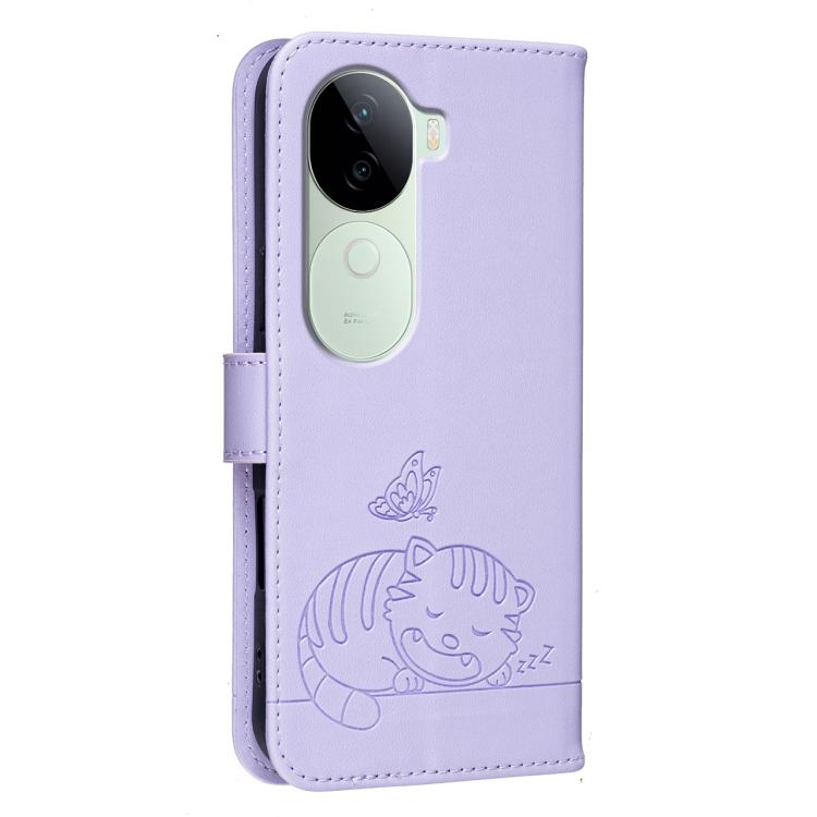 For vivo V40e Cat Butterfly Embossed RFID Vegan Leather Phone Case with Strap