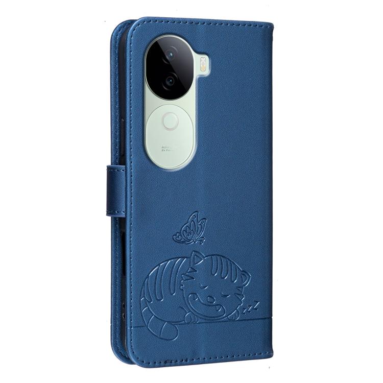 For vivo V40e Cat Butterfly Embossed RFID Vegan Leather Phone Case with Strap