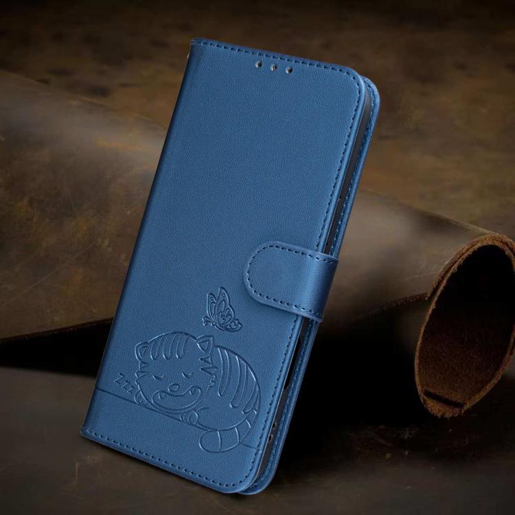 For vivo V40e Cat Butterfly Embossed RFID Vegan Leather Phone Case with Strap