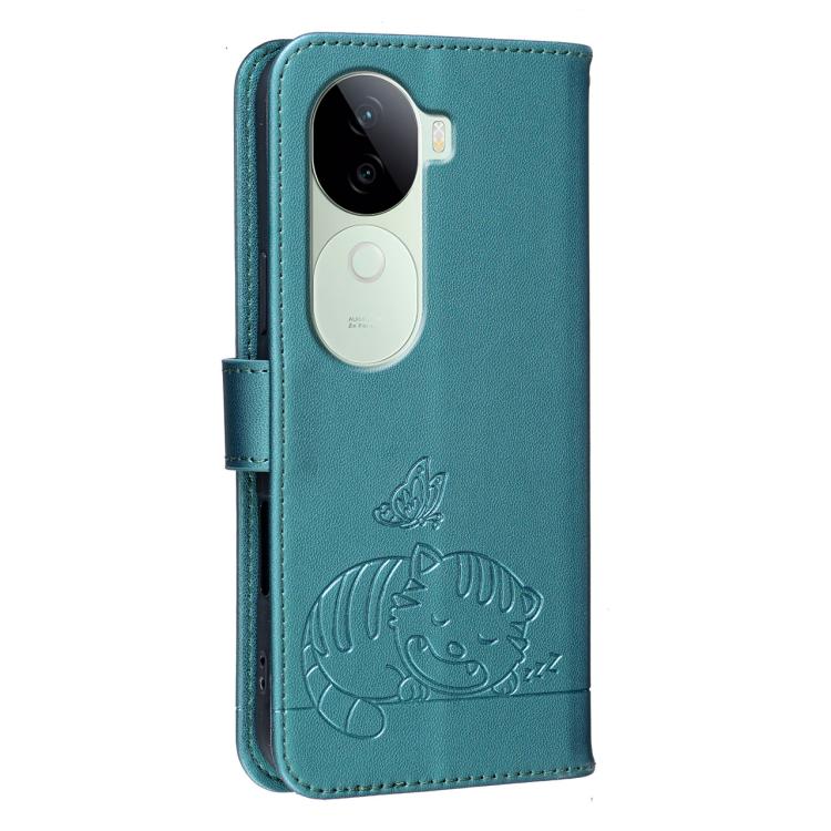 For vivo V40e Cat Butterfly Embossed RFID Vegan Leather Phone Case with Strap