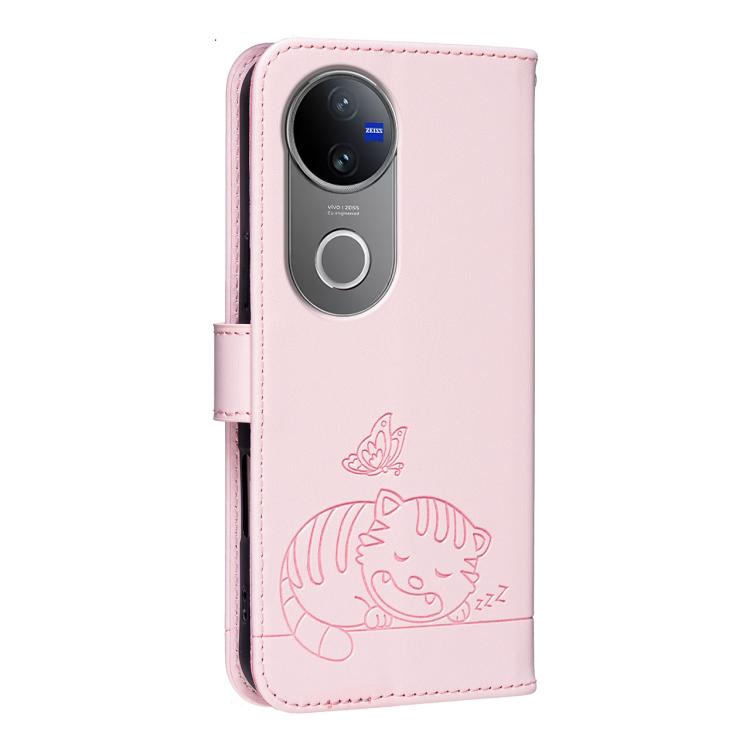 For vivo V50 Cat Butterfly Embossed RFID Vegan Leather Phone Case with Strap
