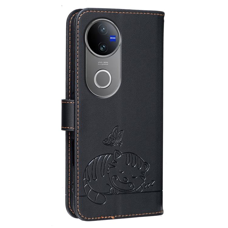 For vivo V50 Cat Butterfly Embossed RFID Vegan Leather Phone Case with Strap