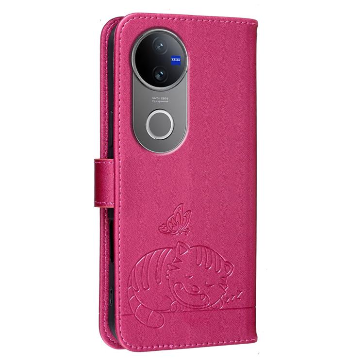 For vivo V50 Cat Butterfly Embossed RFID Vegan Leather Phone Case with Strap