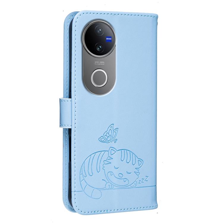 For vivo V50 Cat Butterfly Embossed RFID Vegan Leather Phone Case with Strap