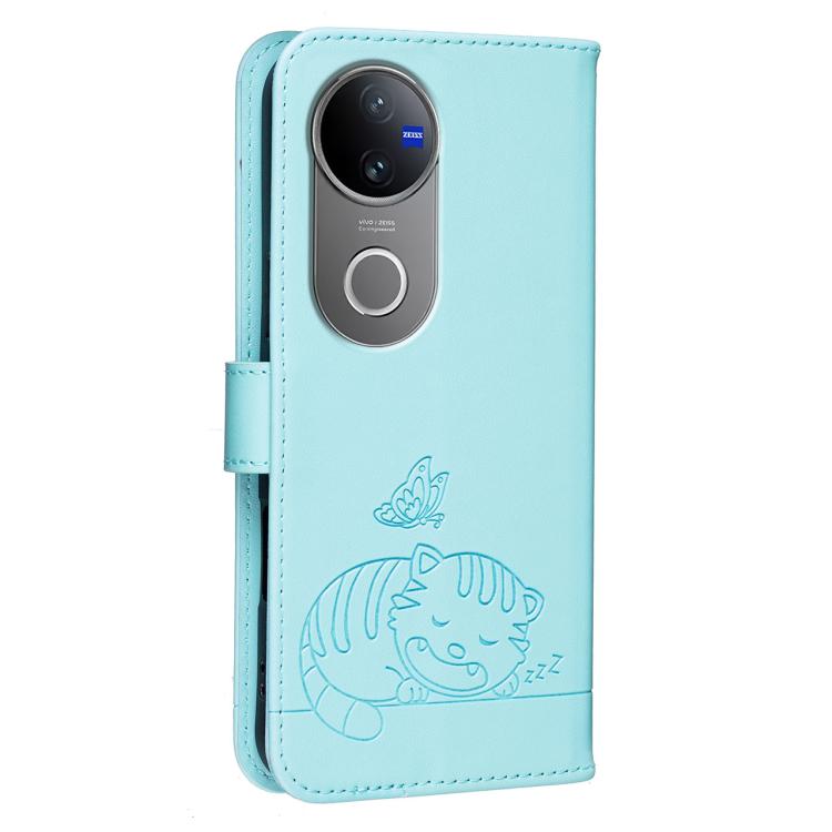 For vivo V50 Cat Butterfly Embossed RFID Vegan Leather Phone Case with Strap