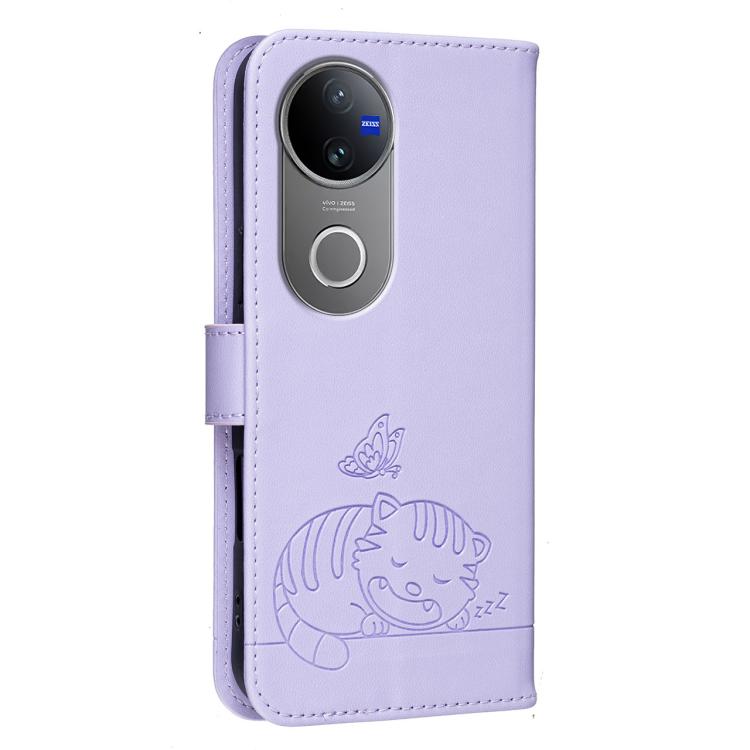 For vivo V50 Cat Butterfly Embossed RFID Vegan Leather Phone Case with Strap