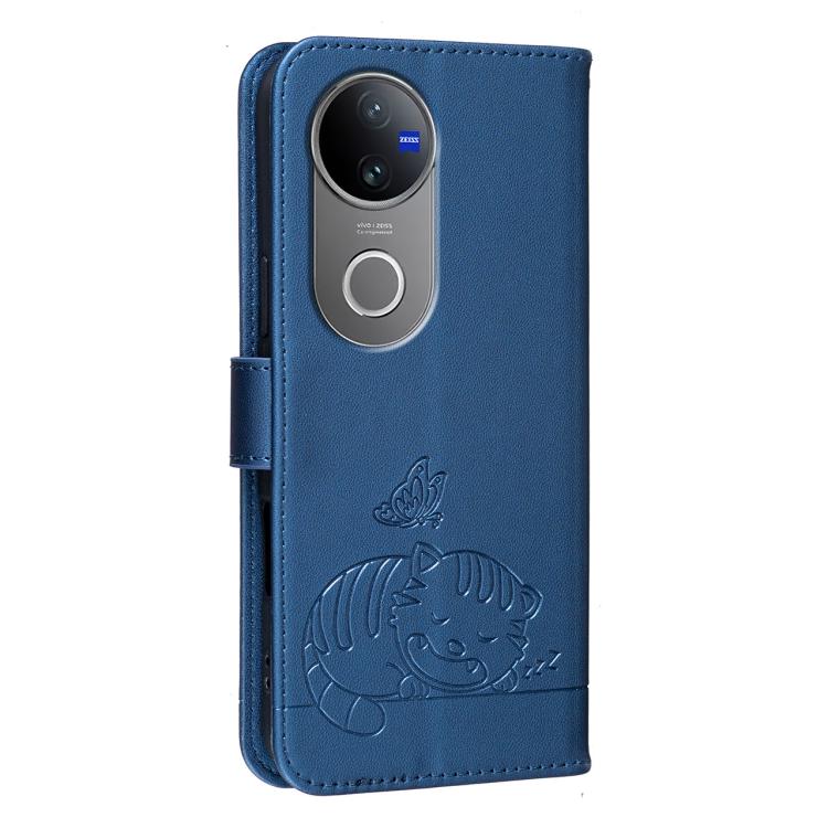 For vivo V50 Cat Butterfly Embossed RFID Vegan Leather Phone Case with Strap