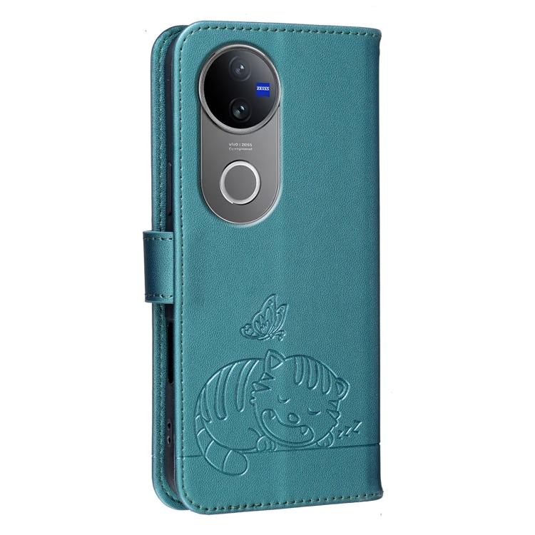 For vivo V50 Cat Butterfly Embossed RFID Vegan Leather Phone Case with Strap
