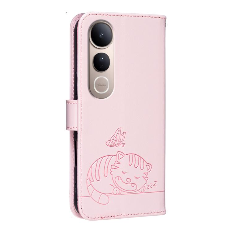 For vivo V50 Lite 5G / 4G Cat Butterfly Embossed RFID Vegan Leather Phone Case with Strap