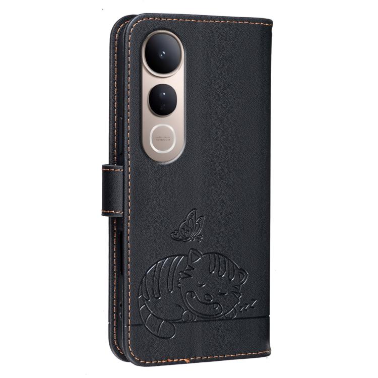 For vivo V50 Lite 5G / 4G Cat Butterfly Embossed RFID Vegan Leather Phone Case with Strap