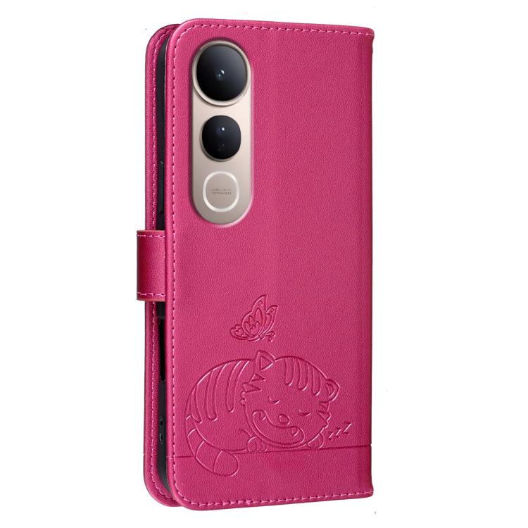 For vivo V50 Lite 5G / 4G Cat Butterfly Embossed RFID Vegan Leather Phone Case with Strap