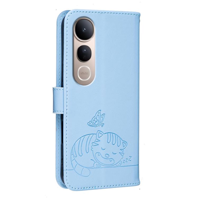 For vivo V50 Lite 5G / 4G Cat Butterfly Embossed RFID Vegan Leather Phone Case with Strap