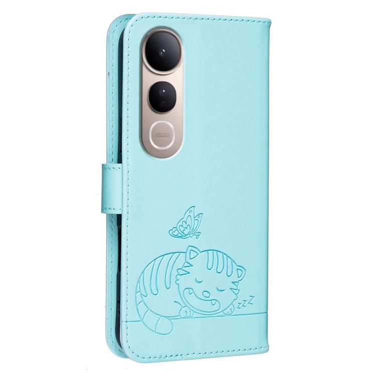 For vivo V50 Lite 5G / 4G Cat Butterfly Embossed RFID Vegan Leather Phone Case with Strap