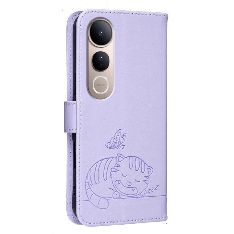 For vivo V50 Lite 5G / 4G Cat Butterfly Embossed RFID Vegan Leather Phone Case with Strap