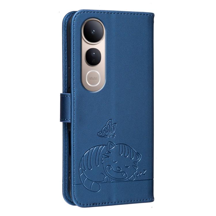 For vivo V50 Lite 5G / 4G Cat Butterfly Embossed RFID Vegan Leather Phone Case with Strap