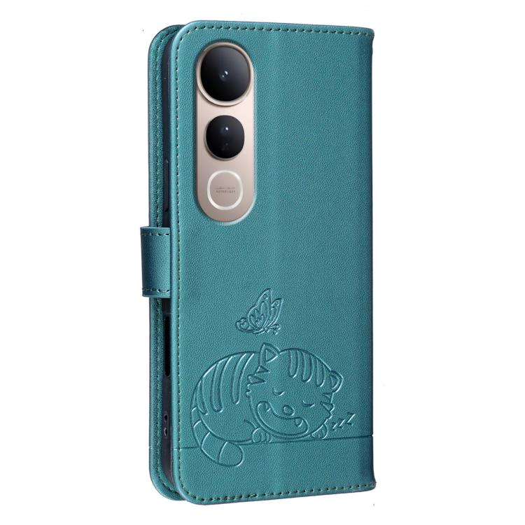 For vivo V50 Lite 5G / 4G Cat Butterfly Embossed RFID Vegan Leather Phone Case with Strap