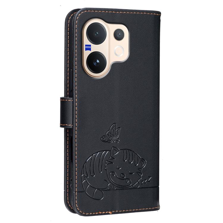 For vivo V60 5G Cat Butterfly Embossed RFID Vegan Leather Phone Case with Strap