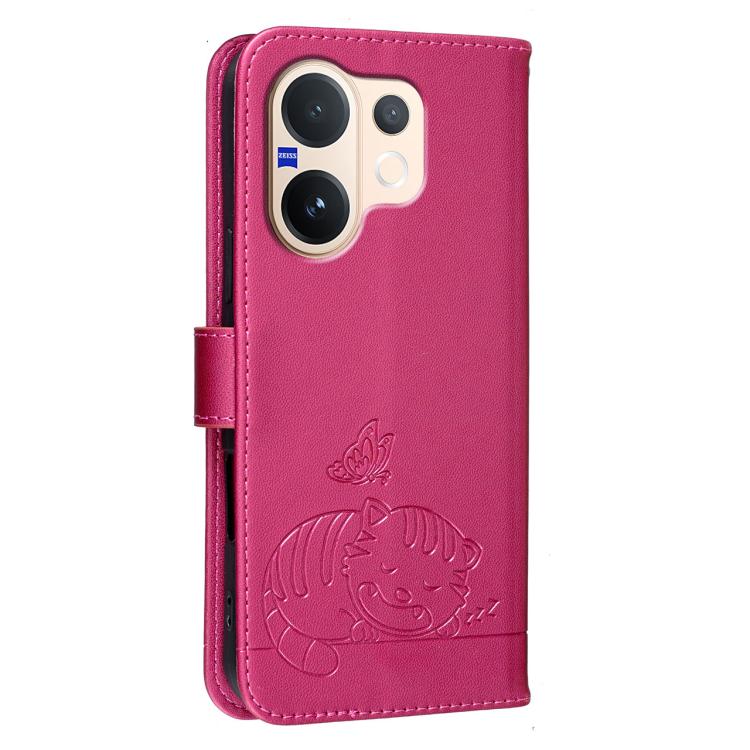 For vivo V60 5G Cat Butterfly Embossed RFID Vegan Leather Phone Case with Strap