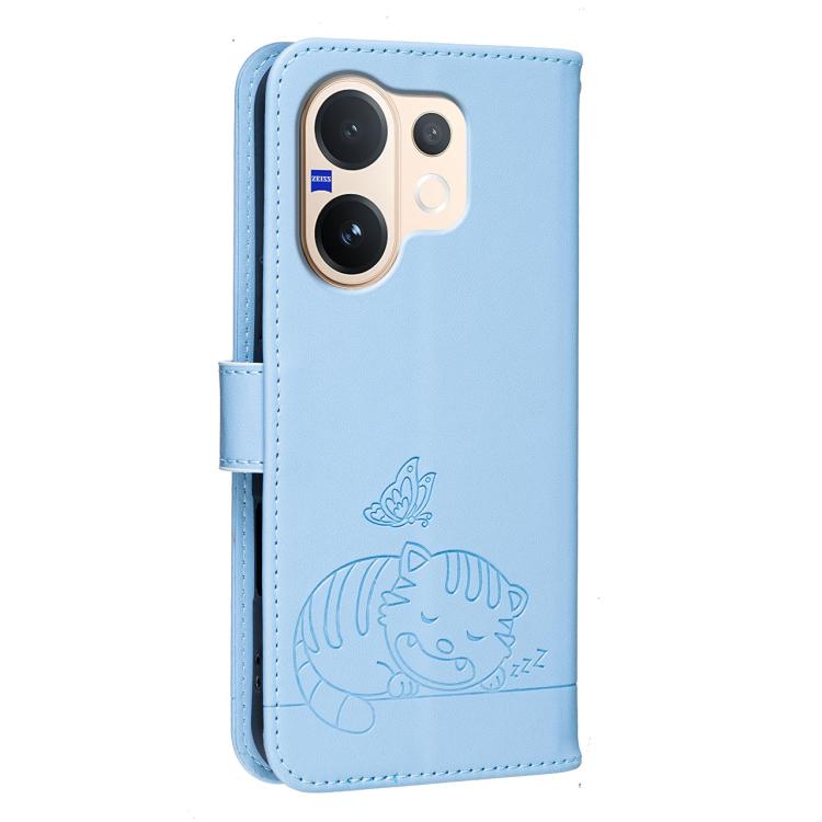 For vivo V60 5G Cat Butterfly Embossed RFID Vegan Leather Phone Case with Strap