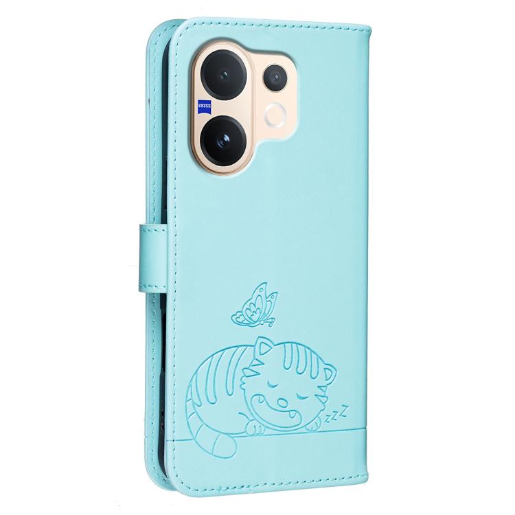For vivo V60 5G Cat Butterfly Embossed RFID Vegan Leather Phone Case with Strap
