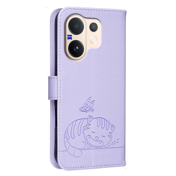 For vivo V60 5G Cat Butterfly Embossed RFID Vegan Leather Phone Case with Strap