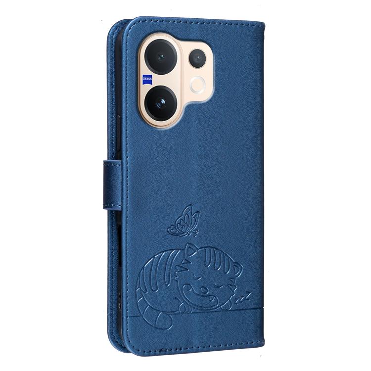For vivo V60 5G Cat Butterfly Embossed RFID Vegan Leather Phone Case with Strap