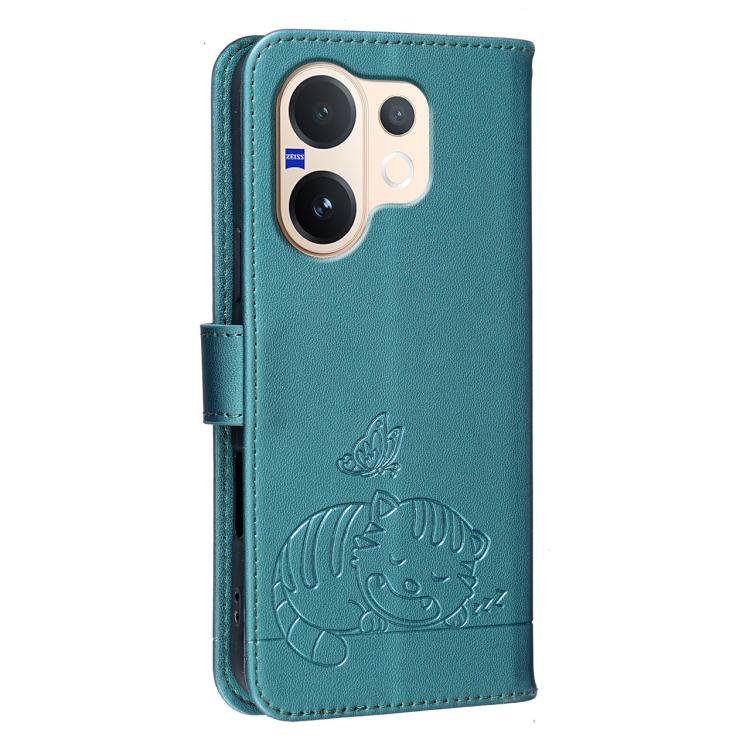 For vivo V60 5G Cat Butterfly Embossed RFID Vegan Leather Phone Case with Strap