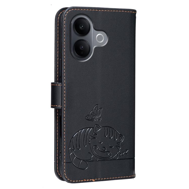 For vivo V60 Lite 5G Cat Butterfly Embossed RFID Vegan Leather Phone Case with Strap
