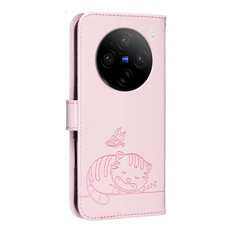 For vivo X100s Cat Butterfly Embossed RFID Vegan Leather Phone Case with Strap