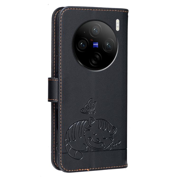 For vivo X100s Cat Butterfly Embossed RFID Vegan Leather Phone Case with Strap
