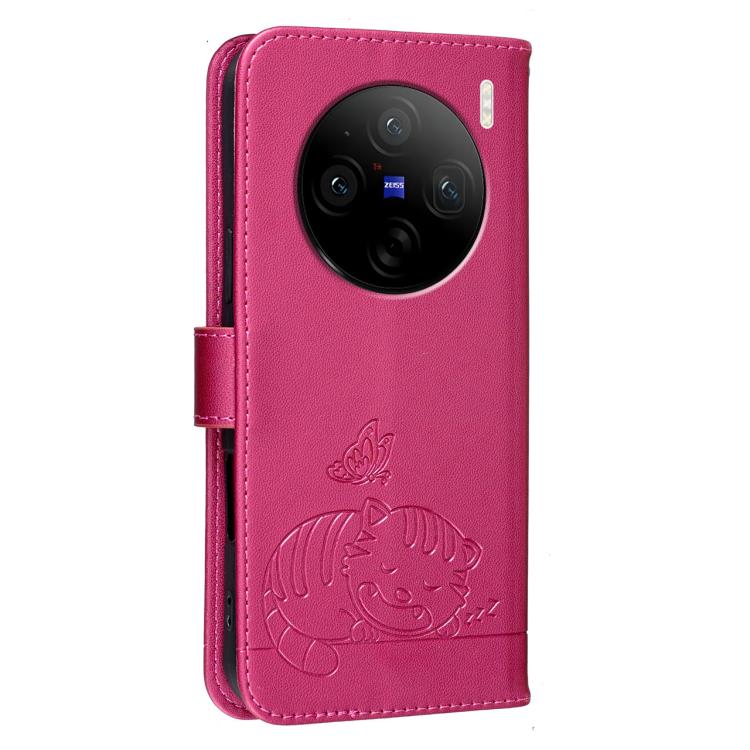 For vivo X100s Cat Butterfly Embossed RFID Vegan Leather Phone Case with Strap