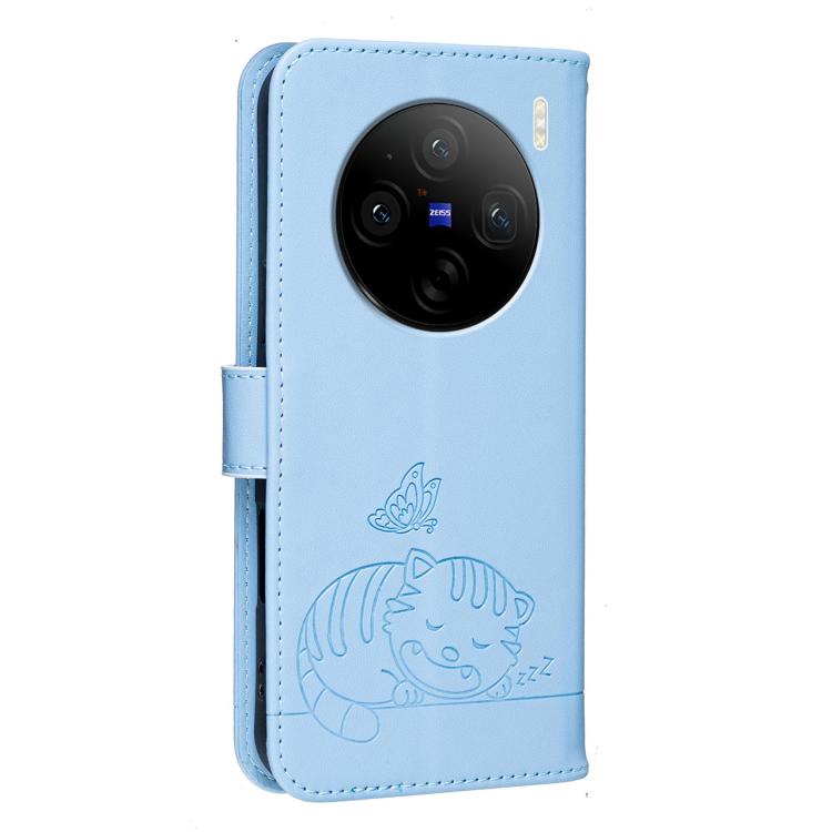 For vivo X100s Cat Butterfly Embossed RFID Vegan Leather Phone Case with Strap