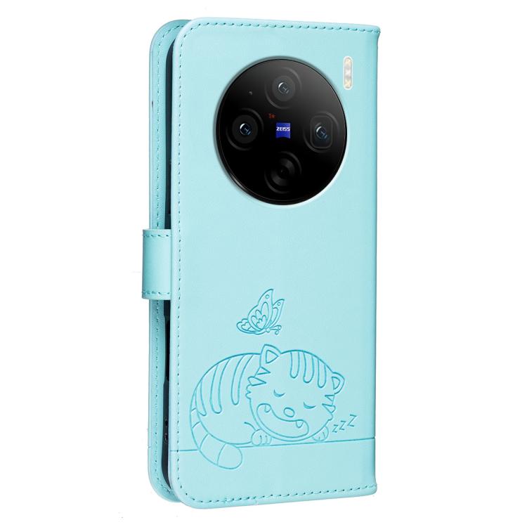 For vivo X100s Cat Butterfly Embossed RFID Vegan Leather Phone Case with Strap