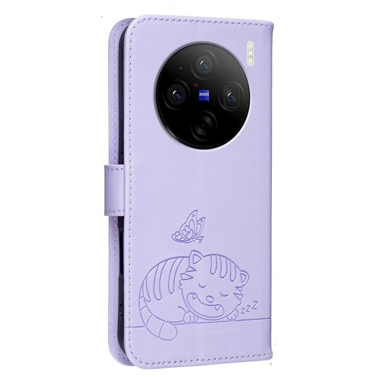 For vivo X100s Cat Butterfly Embossed RFID Vegan Leather Phone Case with Strap
