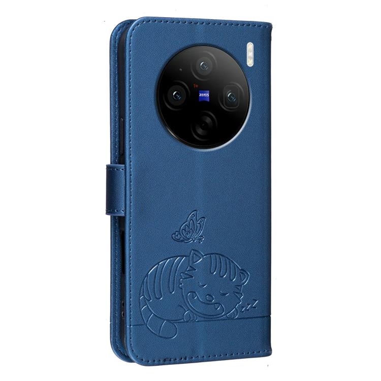 For vivo X100s Cat Butterfly Embossed RFID Vegan Leather Phone Case with Strap