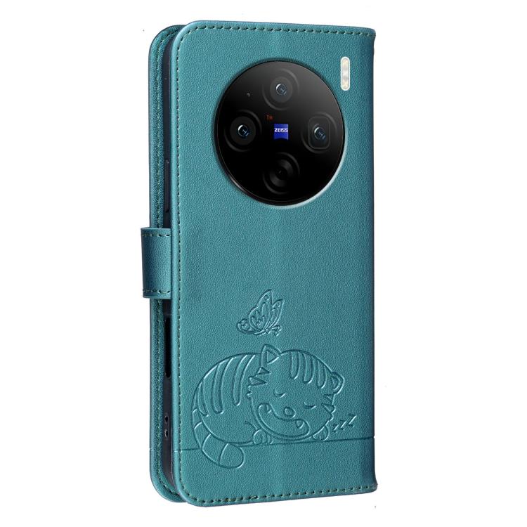 For vivo X100s Cat Butterfly Embossed RFID Vegan Leather Phone Case with Strap