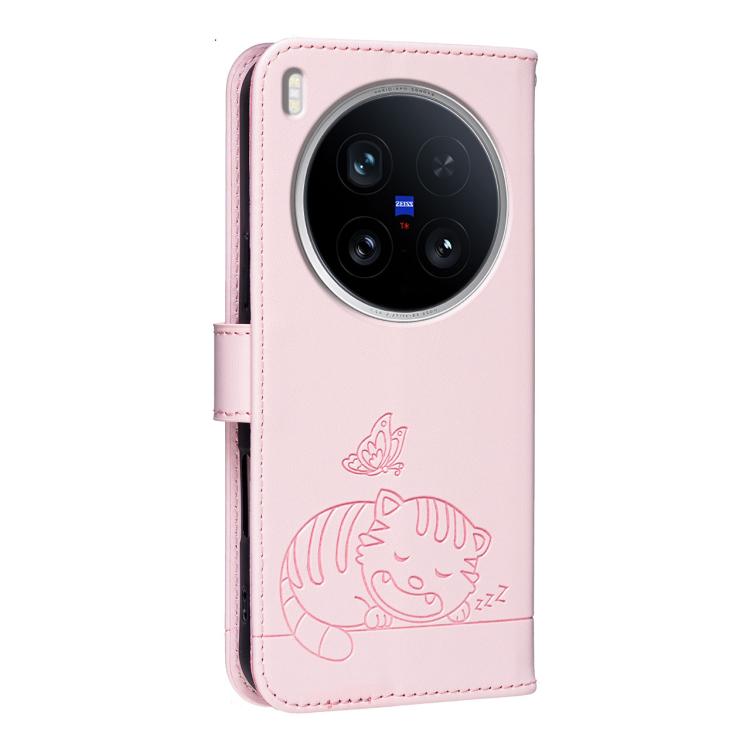 For vivo X200 Ultra Cat Butterfly Embossed RFID Vegan Leather Phone Case with Strap