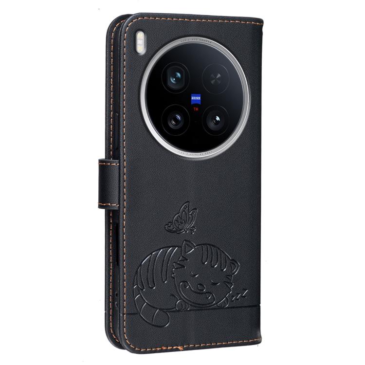 For vivo X200 Ultra Cat Butterfly Embossed RFID Vegan Leather Phone Case with Strap