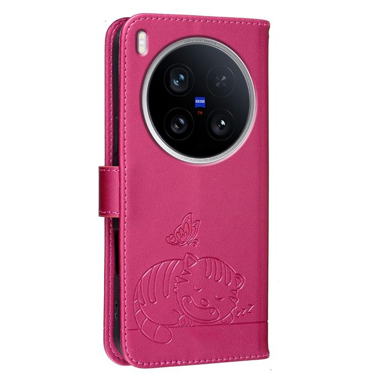 For vivo X200 Ultra Cat Butterfly Embossed RFID Vegan Leather Phone Case with Strap